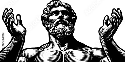 Monochrome illustration of majestic mythological figure with open arms emphasizing strength and freedom
