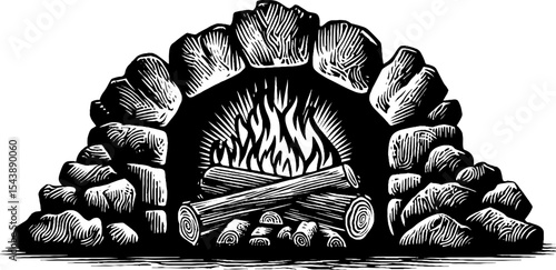 Cozy fireplace with crackling logs in black and white for rustic decor