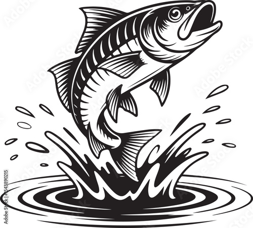 Jumping fish silhouette splashing out of water in energetic motion perfect for fishing, wildlife, and outdoor sport artwork