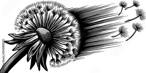 Dandelion seeds floating in motion with dynamic lines for nature-themed design