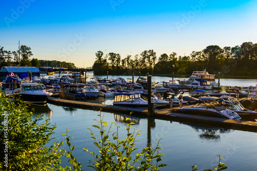 View from RiverHouse Cafe and Pub, Ladner's Landing and Deas Island, Ladner, British Columbia, Canada.