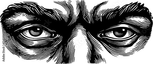 Mysterious floating face with shadowy eyes in black and white for artistic design