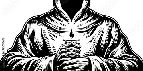 Mysterious hooded figure holding candle in foggy ambience