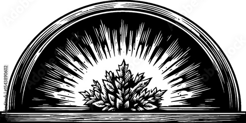 Frost covered window pane with decorative woodcut design in black and white