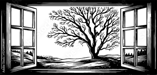 Frost covered window pane with winter landscape in black and white woodcut art