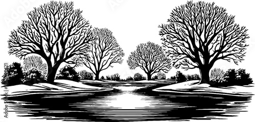 Winter serenity: black and white frozen lake with bare trees