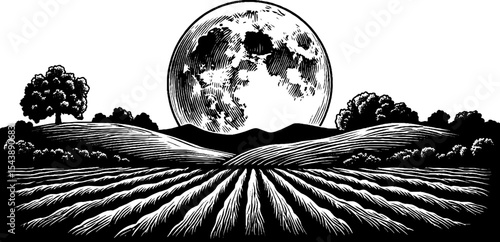 Full moon over harvested fields in black and white design for nature poster
