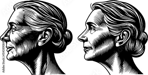 Graceful elderly woman in profile with bun - classic black and white portrait design