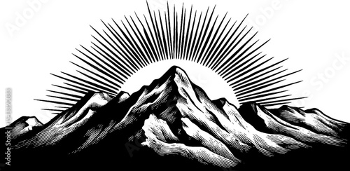 Majestic geometric mountain peak with radiant sun rays for nature themes