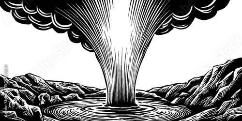 Dramatic geyser eruption in black and white woodcut art for nature enthusiasts