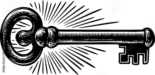 Mystical glowing key suspended in radiant windburst design for poster or card