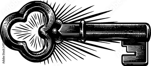 Magical key floating in radiant light with wind effects for mystical designs