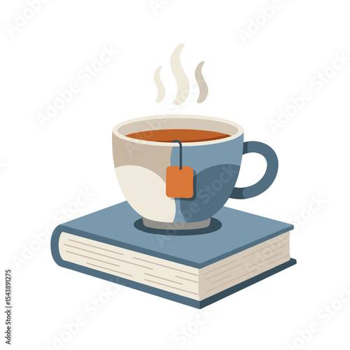 Tea cup on book illustration for mindful study and cozy reading