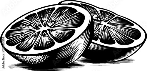 Detailed black and white illustration of halved orange showing pulp and segments