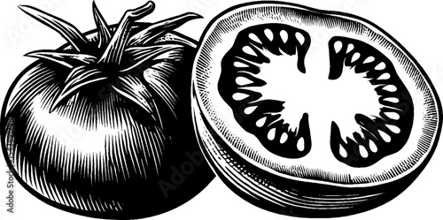 Halved tomato with visible seeds and pulp in black and white for nature-themed design