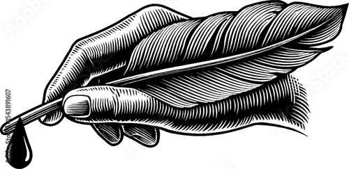 Vintage handwriting concept with feather quill and ink drop for historical or literary design