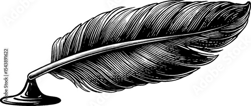 Elegant feather quill pen with ink drop for writing and calligraphy design