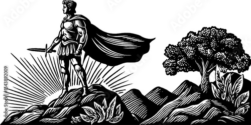 Heroic figure holding sword on rocky terrain with tree and rays