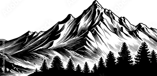 Dramatic highland plateau with eroded edges and pine trees in black and white design