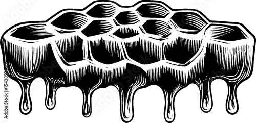 Black and white honeycomb with dripping honey for design prints and posters