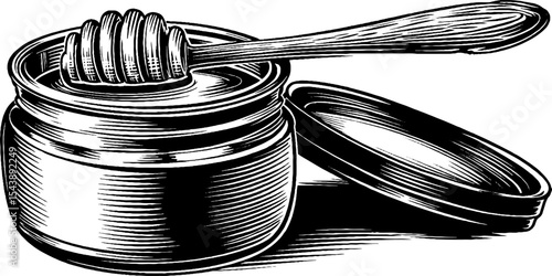 Rustic jar of honey with dipper on lid for culinary and kitchen decor