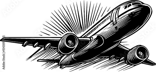 Black and white jet airplane illustration with dynamic jet stream in the sky