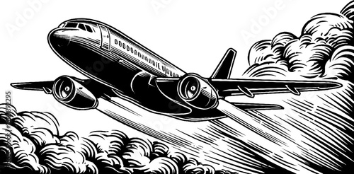 Dynamic jet travel concept in black and white for aviation art and design