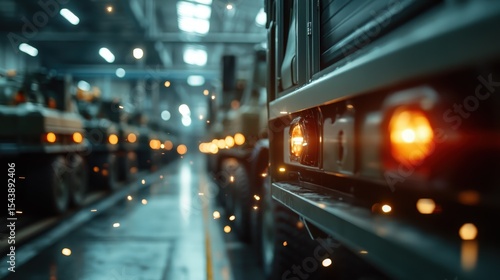 A line of military trucks are showcased in a dimly lit industrial environment, with sparks flying in their vicinity, representing strength, power, and mechanized motion.