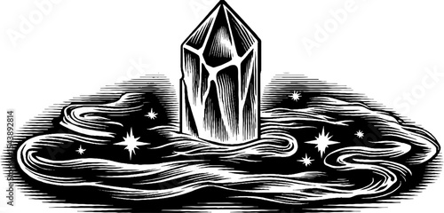 Enchanted crystal amidst swirling mist and distant stars for mystical design
