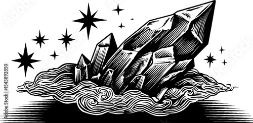 Enchanting crystal levitation with swirling mist and stars for mystical design