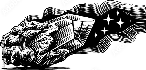 Enchanting levitating crystal with mystical mist and shining stars design