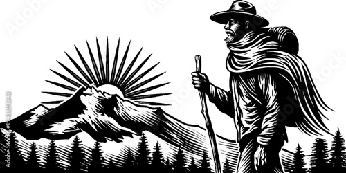 Solitary journey of a cloaked wanderer in nature's embrace