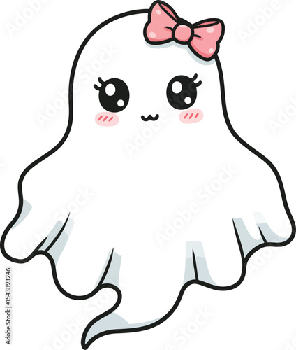 Cute Girl Ghost with Pink Bow - Adorable Halloween Cartoon Art vector Illustration