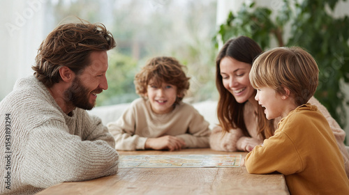 Warm, candid shot of a family joyfully playing a game together at a wooden table in a cozy home. Captures connection, love,  bonding. Perfect for family, lifestyle, and togetherness content.