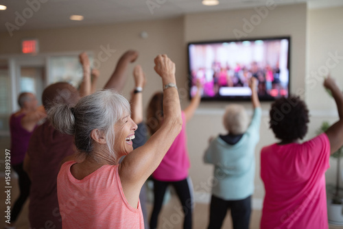 Senior group fitness class with diverse individuals, joyful expressions, and an active lifestyle. Evokes community, health, and vitality. Perfect for aging, care, or wellness.