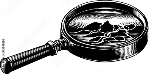 Cracked lens and metal handle magnifying glass illustration