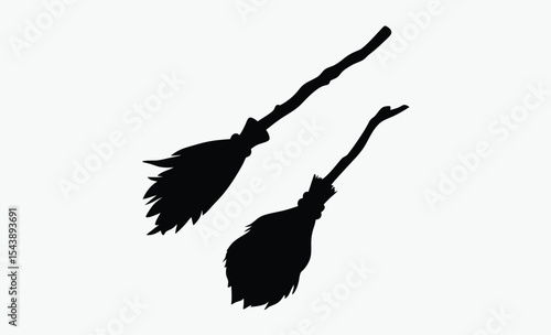 Witch broomsticks silhouette, Halloween flying tools, black and white vector,