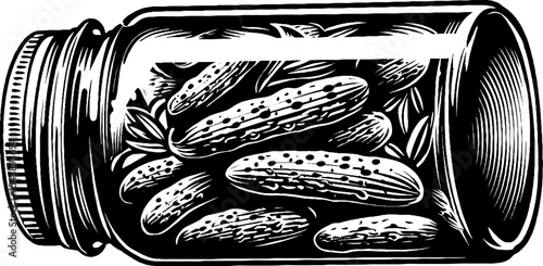 Black and white mason jar of pickled cucumbers illustration for kitchen décor