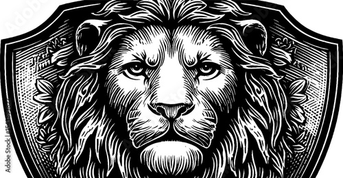 Medieval shield design featuring lion motif and floral border for heraldic art and decor