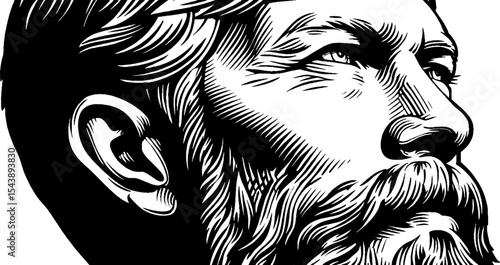 Reflective portrait in black and white with intense gaze and detailed shadows