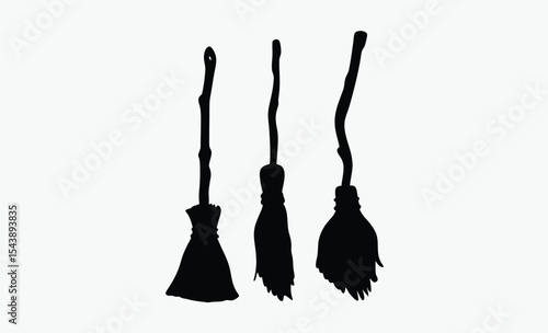 Witch broomsticks silhouette, Halloween flying tools, black and white vector,