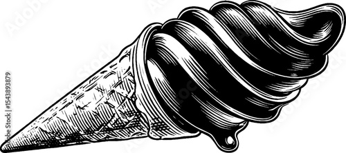 Melting ice cream cone in black and white woodcut style design