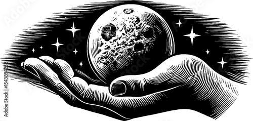 Surreal scene of a hand holding the moon with stars in a night sky