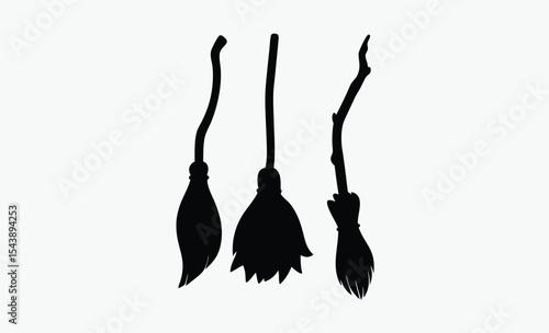 Witch broomsticks silhouette, Halloween flying tools, black and white vector,
