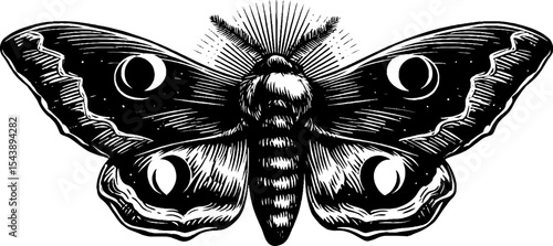 Mystical moth with open wings and moon symbols in black design for posters and prints