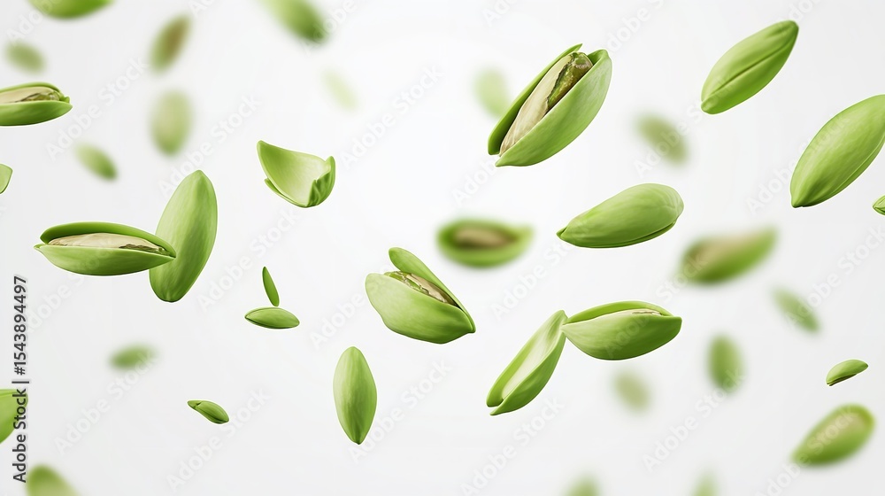 Naklejka premium pistachios floating in the air on the white background.