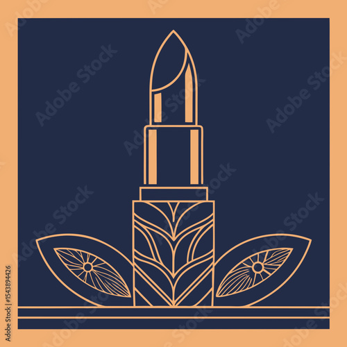 Elegant vector design of a lipstick on a decorative leaf base against a navy blue background