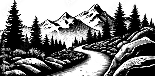Serene mountain trail snaking through rocky terrain in black and white art design