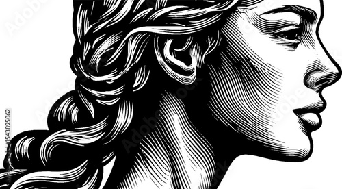Profile of a noble woman with elegant neck and braided hair in black