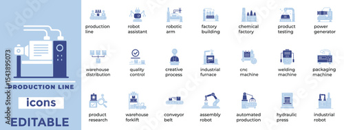 Editable vector icons for production lines and factory workflows. Clean line art style for industrial and automation visuals.